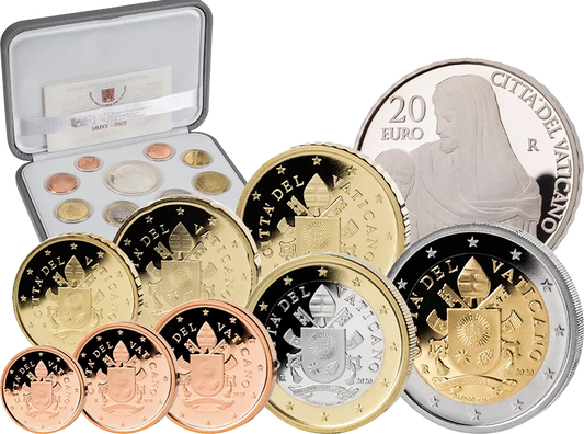 Coffret de pièces en euros du Vatican 2020, édition premier jour, comprenant une pièce commémorative en argent de 20 euros.