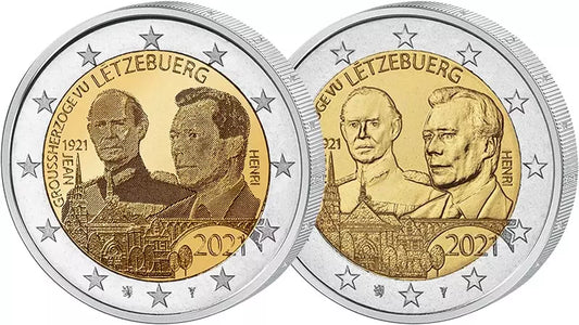 Lot de 2 pièces Euro Luxembourg 100e anniversaire Jean 2021 + Hologramme