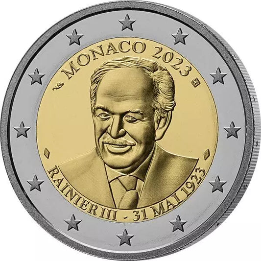 Pièce de 2 euros de Monaco commémorant le 100e anniversaire du prince Rainier III, 2023