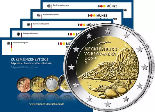 Coffrets de 5 pièces de 2 euros Allemagne 2024, qualité Fleur de Coin (A à J), sous blister, comprenant une pièce de 2 euros « Fauteuil du Roi ».