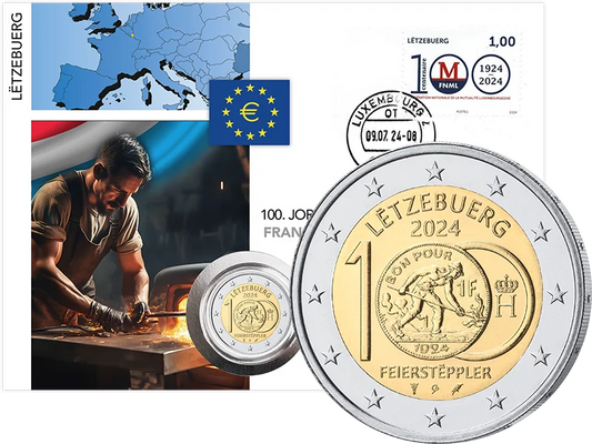 Enveloppe numismatique de 2 euros Luxembourg 100 ans depuis l'introduction des pièces de franc avec le timbre commémoratif 2024