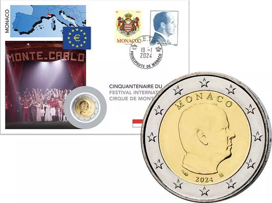 Lettre numismatique de 2 euros Monaco 50e anniversaire du Festival du Cirque de Monte-Carlo 2024