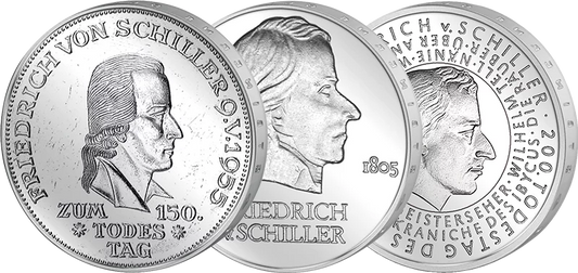 Coffret d'épargne de 5 DM, 20 marks et 10 euros, Allemagne de l'Ouest et de l'Est, Friedrich von Schiller, 1955, 1972 et 2005