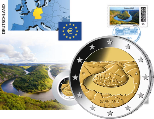 Enveloppe numismatique de 2 euros, République fédérale d'Allemagne, Sarre, boucle de la Sarre, 2025