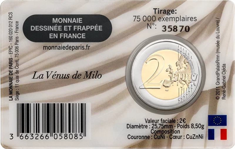 Pièce de 2 euros, France, Musée du Louvre 2025, sur la carte-monnaie Vénus de Milo