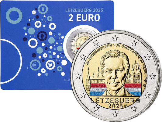 Pièce de 2 euros luxembourgeoise commémorant le 25e anniversaire de l'accession au trône du grand-duc Henri en 2025 (application couleur)