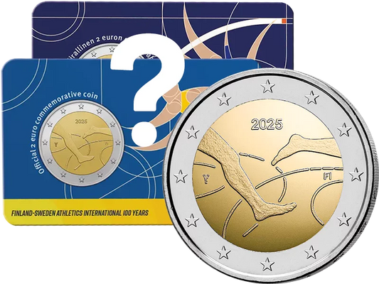 Carte de 2 euros commémorant le centenaire de la compétition d'athlétisme Finlande-Suède 2025. Langue au choix.