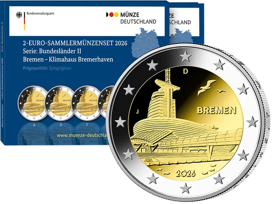 Plaque polie 5 x 2 Euro BRD Bremen - Klimahaus Bremerhaven 2026 (A-J) avec dossier