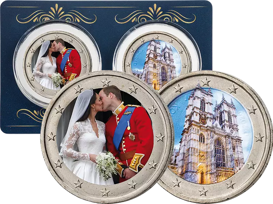 Deux éditions d'artiste de 2 euros chacune, représentant Kate et William.