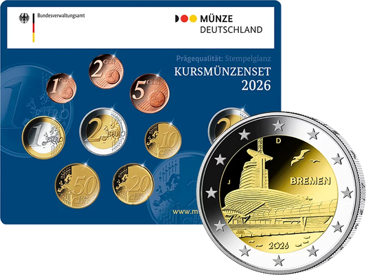 Coffret de pièces en euros Allemagne 2026 comprenant 2 euros Brême - Maison du climat 2026, non circulées