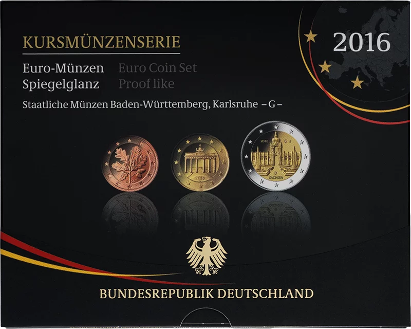 Coffret de pièces en euros d'Allemagne (Saxe) comprenant une pièce commémorative de 2 euros de Dresde (Zwinger) 2016, qualité Belle Épreuve