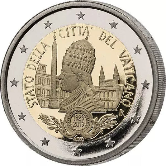 Pièce de 2 euros Vatican Premier Jour Édition 90e anniversaire de la fondation de l'État de la Cité du Vatican 2019 État neuf avec timbre-poste