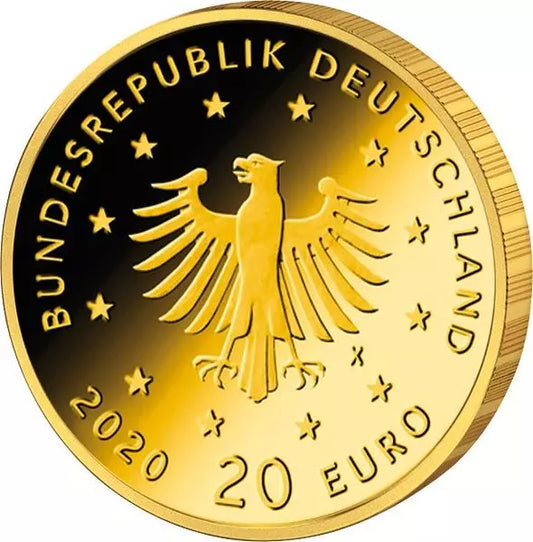 Pièce de 20 euros d'Allemagne, Oiseaux indigènes, Cigogne blanche, 2020, État neuf