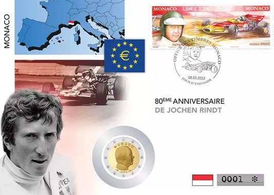 Pièce de 2 euros de Numispost Monaco commémorant le 80e anniversaire de Jochen Rindt 2022
