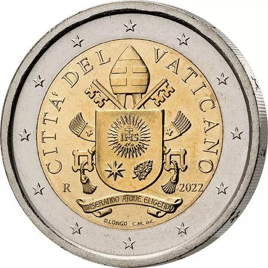 Pièce de 2 euros en circulation, armoiries du Vatican, pape François