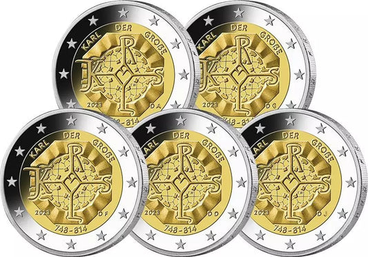 5 pièces de 2 euros, Allemagne, 1275e anniversaire de la naissance de Charlemagne, 2023, sous blister