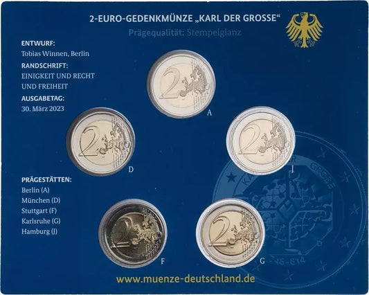 5 pièces de 2 euros, Allemagne, 1275e anniversaire de la naissance de Charlemagne, 2023, sous blister
