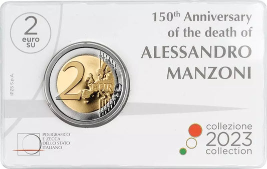 Pièce de 2 euros italienne commémorant le 150e anniversaire de la mort d'Alessandro Manzoni (carte commémorative officielle 2023)