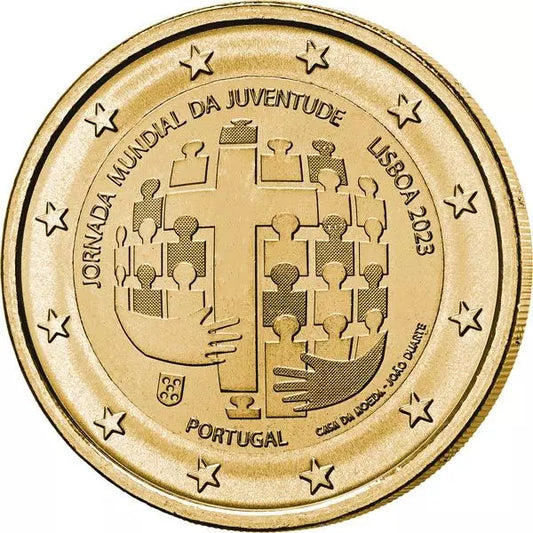 Pièce commémorative de 2 euros Portugal Journée mondiale de la jeunesse Lisbonne 2023, édition premium entièrement plaquée or