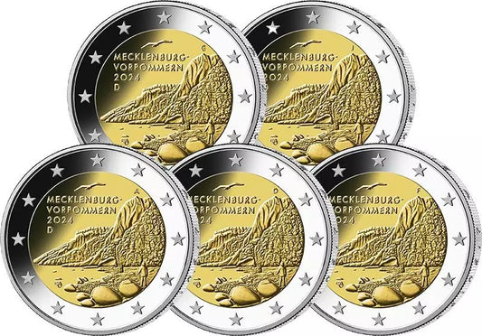 5 x 2 Euro Allemagne Mecklembourg-Poméranie-Occidentale Königsstuhl 2024 état neuf (A-J)