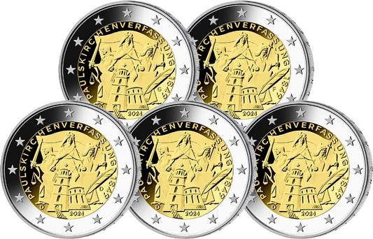 5 pièces de 2 euros, République fédérale d'Allemagne, 175e anniversaire de la Constitution de l'église Saint-Paul, 2024, état neuf (A-J)