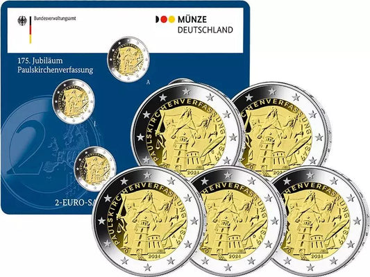 5 pièces de 2 euros de la République fédérale d'Allemagne, commémorant le 175e anniversaire de la Constitution de l'église Saint-Paul (2024), en état neuf (A-J), sous blister.
