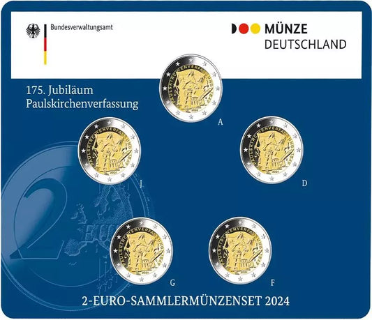 5 pièces de 2 euros de la République fédérale d'Allemagne, commémorant le 175e anniversaire de la Constitution de l'église Saint-Paul (2024), en état neuf (A-J), sous blister.