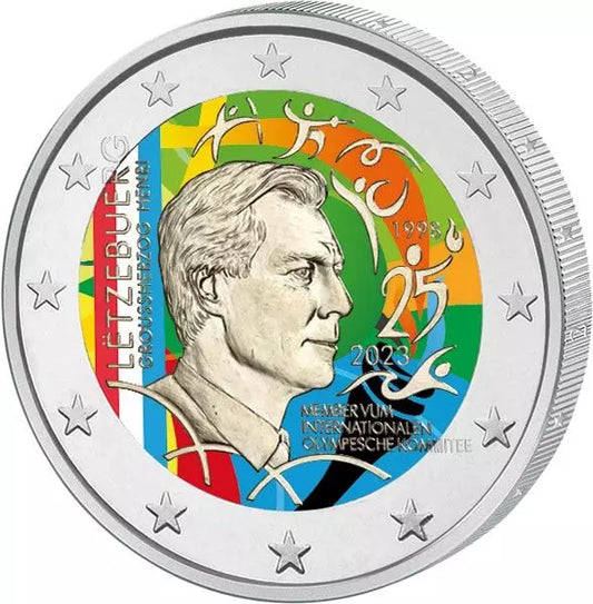 Pièce de 2 euros Luxembourg 25e anniversaire de l'entrée d'Henri au Comité olympique 2023 avec application couleur