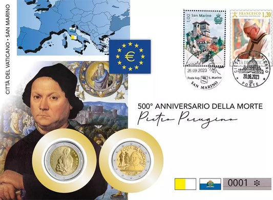 Lettre numismatique double Vatican et Saint-Marin, 500e anniversaire de la mort de Pietro Perugino, 2023