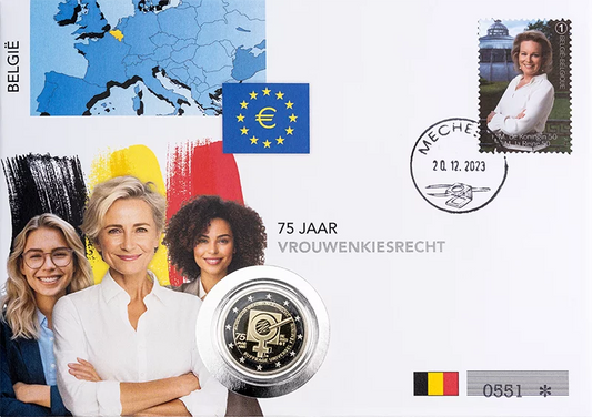 Enveloppe numismatique de 2 euros commémorant les 75 ans du suffrage féminin 2023
