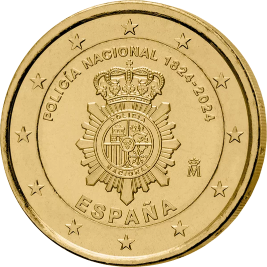 Pièce commémorative de 2 euros, Espagne, 200e anniversaire de la Police nationale, édition premium entièrement plaquée or, 2024