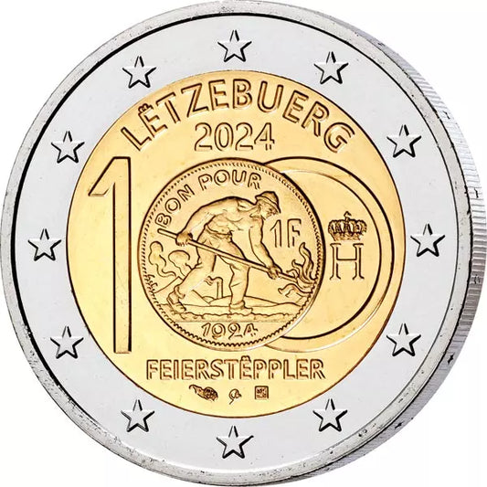 Pièce de 2 euros luxembourgeoise commémorant le 100e anniversaire de l'introduction du franc avec la pièce commémorative 2024