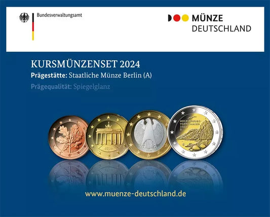 Coffrets de 5 pièces de 2 euros Allemagne 2024, qualité Fleur de Coin (A à J), sous blister, comprenant une pièce de 2 euros « Fauteuil du Roi ».