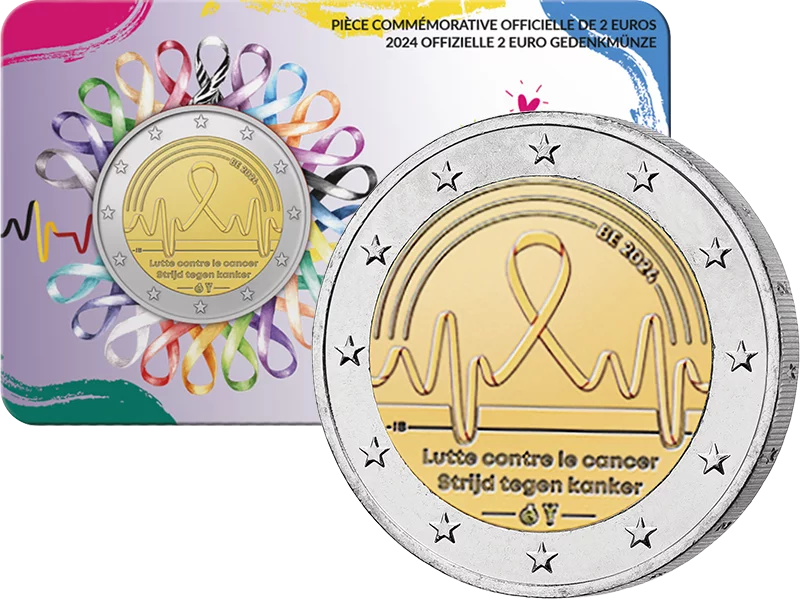 Pièce de 2 euros Belgique Lutte contre le cancer 2024, carte de crédit, langue au choix