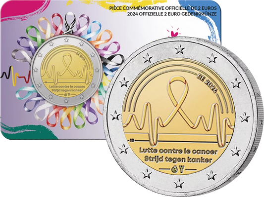 Pièce de 2 euros Belgique Lutte contre le cancer 2024, carte de crédit, langue au choix
