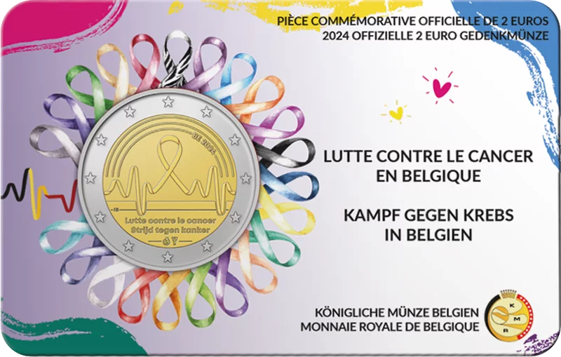 Pièce de 2 euros Belgique Lutte contre le cancer 2024, carte de crédit, langue au choix