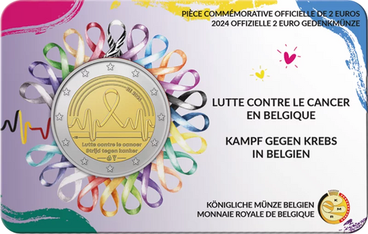 Pièce de 2 euros Belgique Lutte contre le cancer 2024, carte de crédit, langue au choix