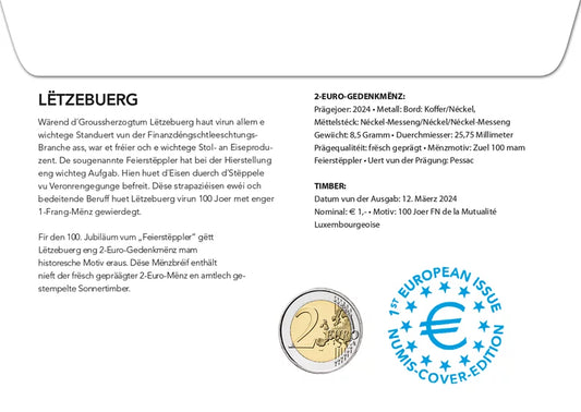 Enveloppe numismatique de 2 euros Luxembourg 100 ans depuis l'introduction des pièces de franc avec le timbre commémoratif 2024