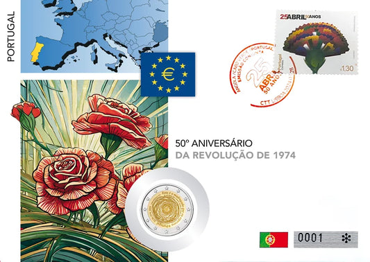 Enveloppe numismatique de 2 euros, Portugal, 50e anniversaire de la révolution du 25 avril 1974, 2024