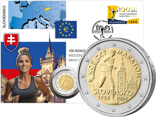 Enveloppe numismatique de 2 euros slovaque commémorant le centenaire du Marathon international de Košice 2024