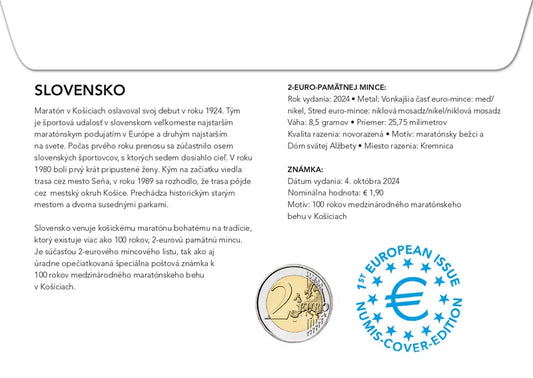Enveloppe numismatique de 2 euros slovaque commémorant le centenaire du Marathon international de Košice 2024