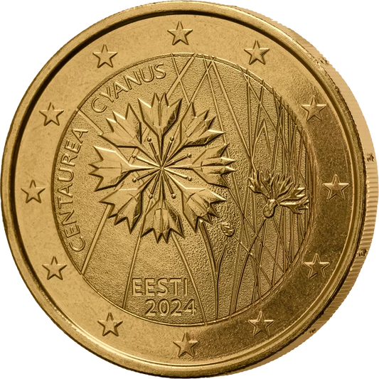 Pièce commémorative estonienne de 2 euros « Bleuet » 2024, édition premium entièrement plaquée or