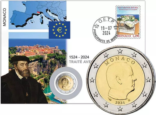 Lettre numismatique de 2 euros Monaco 500e anniversaire du traité avec Charles Quint 2024