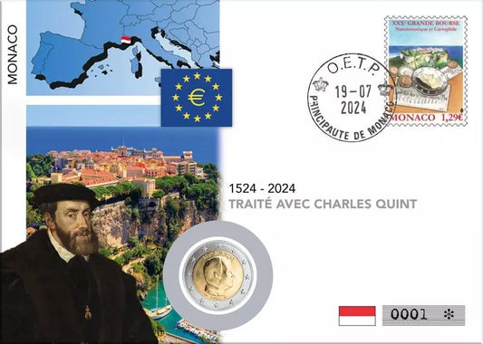 Lettre numismatique de 2 euros Monaco 500e anniversaire du traité avec Charles Quint 2024