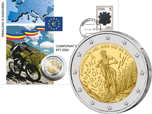 Enveloppe numismatique de 2 euros commémorant les Championnats du monde UCI de VTT en Andorre 2024