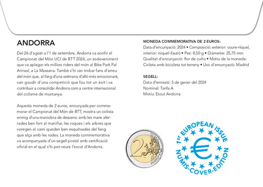 Enveloppe numismatique de 2 euros commémorant les Championnats du monde UCI de VTT en Andorre 2024
