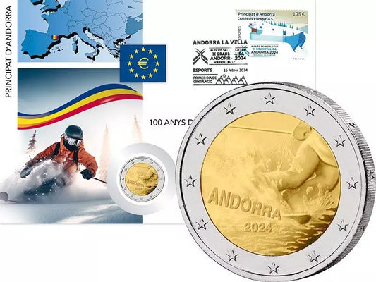 Lettre numismatique de 2 euros commémorant les 100 ans du ski en Andorre (2024)