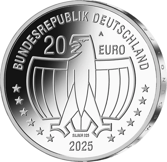 Pièce de 20 euros d'Allemagne, commémorant le 50e anniversaire de l'Année internationale de la femme 2025, en état neuf.