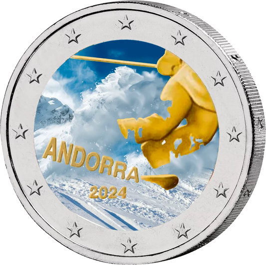 2 euros Andorre 100 ans de ski en Andorre 2024 avec application couleur