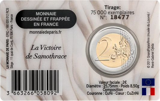 Pièce de 2 euros, France, Musée du Louvre 2025, carte à l'effigie de la Victoire de Samothrace